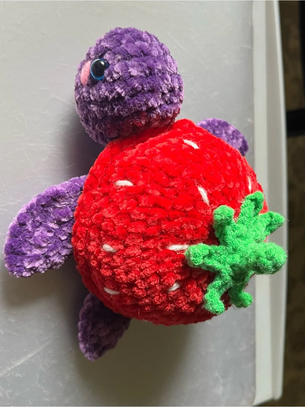 Plush Strawberry Turtle Toy - Purple & Red 6.5” Chenille yarn. New
